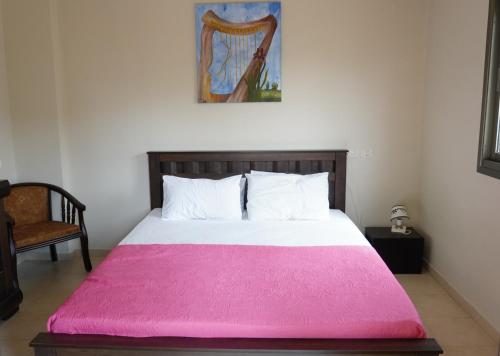 Un dormitorio con una manta rosa en una cama en וילה על ההר en Poriyya Illit