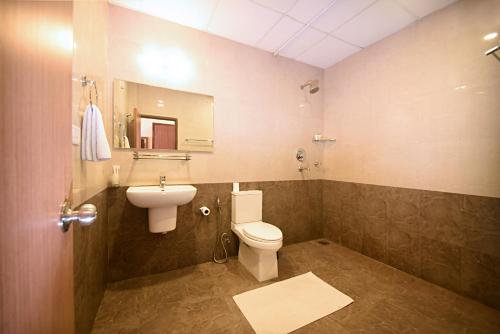 un bagno con un water, un lavandino e uno specchio di The Address Kathmandu Hotel a Kathmandu