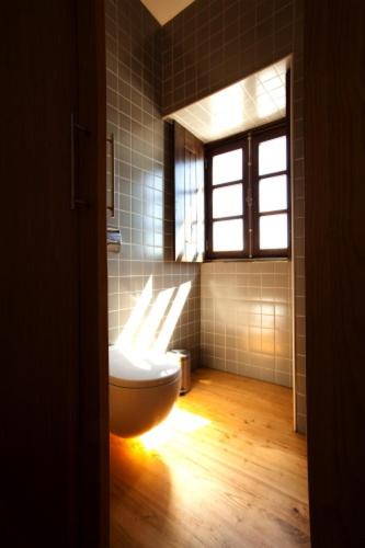 a bathroom with a toilet with a window and a window at Casa Da Quinta De Vale D' Arados in Mesão Frio