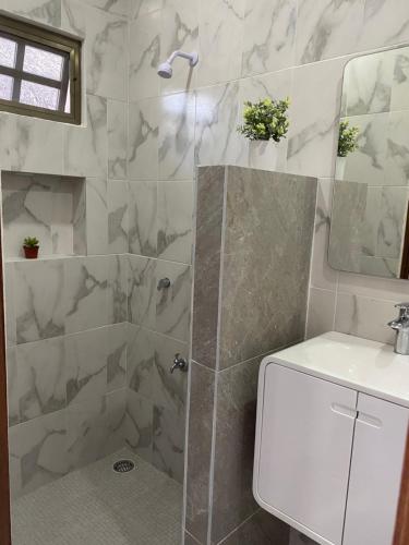 a bathroom with a shower and a sink at Hotel San Julio in Celestún