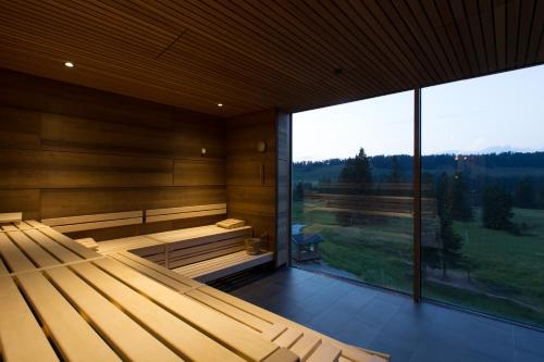 an empty sauna with a view of the mountains at Almhotel Hochhäderich in Riefensberg