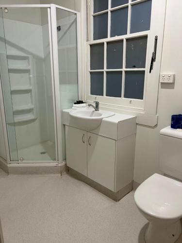 a bathroom with a toilet and a sink and a shower at Star Bar Cafe & Hotel in Launceston