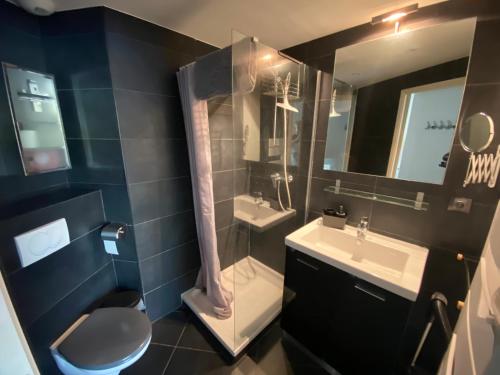 une salle de bain avec un lavabo, des toilettes et un miroir dans l'établissement Nice, splendide appartement 4p résidentiel, terrasse vue piscine , Garage, à Nice
