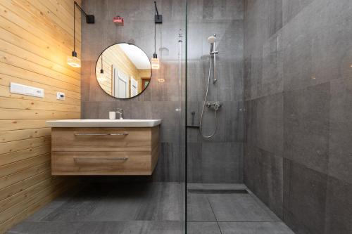 a bathroom with a shower and a sink and a mirror at Apartmán JUH in Tale