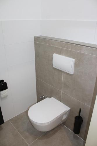 a toilet in a bathroom with a toilet paper dispenser at Wohnung am Traunsee in Gmunden