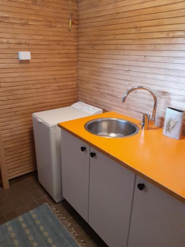 a kitchen with a sink and a washer and dryer at Varakoti Helmeri in Hirvikoski