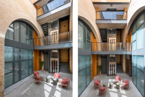 two images of a building with red chairs and a balcony at Suites Maestranza - Herrería by Magno Apartments in Seville