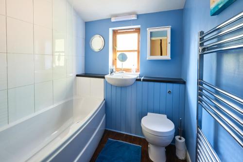 een blauwe badkamer met een toilet en een wastafel bij Church Cottage in Halesworth