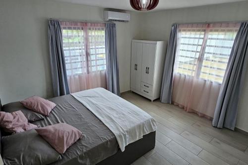a bedroom with a large bed and two windows at Paradijs in Paramaribo in Paramaribo