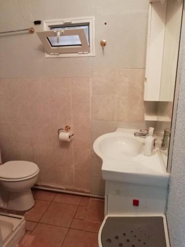 a bathroom with a white sink and a toilet at Το σπίτι της Δήμητρας in Platamonas