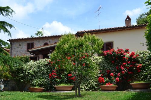 uma casa com flores vermelhas em frente a um quintal em Agriturismo La Ghiraia em Santa Luce