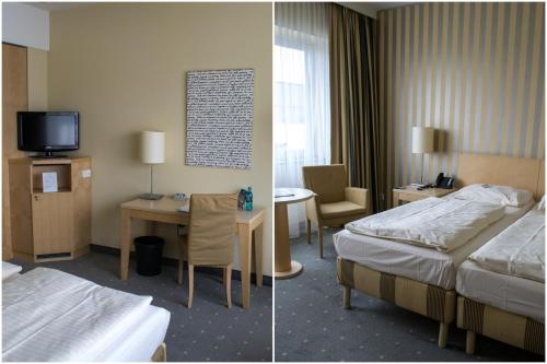 Säng eller sängar i ett rum på relexa Hotel Ratingen City