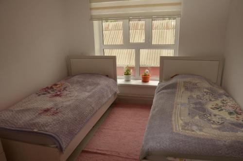 2 camas en una habitación con ventana en Life House en Bol'shevik