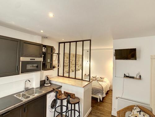 une cuisine avec un évier et un plan de travail dans l'établissement L'Hermine - Coquet - Port - Linge inclu, à Vannes