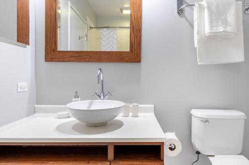 a bathroom with a sink and a mirror and a toilet at Loop 1BR w Gym Roofdeck nr Millennium Park CHI-249 in Chicago