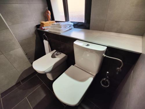 a bathroom with a toilet and a sink at Hostal Manel in Pineda de Mar