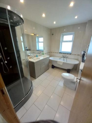 ein Bad mit einer Dusche, einem Waschbecken und einem WC in der Unterkunft Cellar Cove in Perranporth