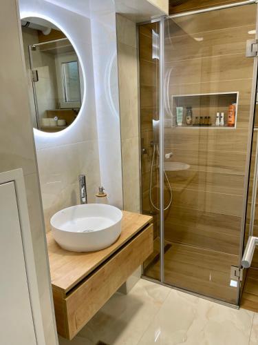 a bathroom with a sink and a shower at ANET Apartman Visoko in Visoko