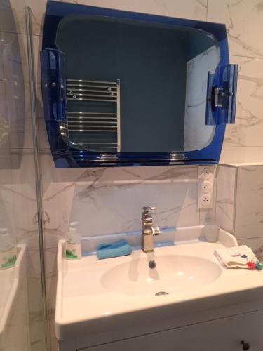 La salle de bains est pourvue d'un lavabo et d'un miroir. dans l'établissement LANGRES- NOGENT 52800 -villa LA FORGE - sortie autoroutes A5-A31-Langres nord, à Nogent