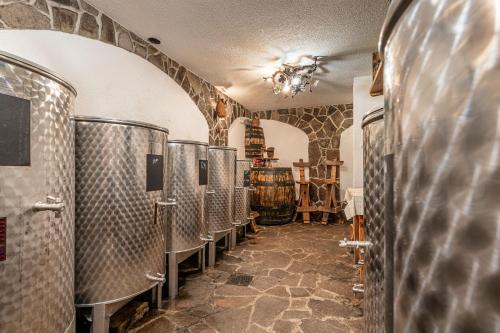 une cave à vin avec une rangée de tonneaux de vin dans l'établissement Vineyard Cottage Stepan - Happy Rentals, à Črnomelj