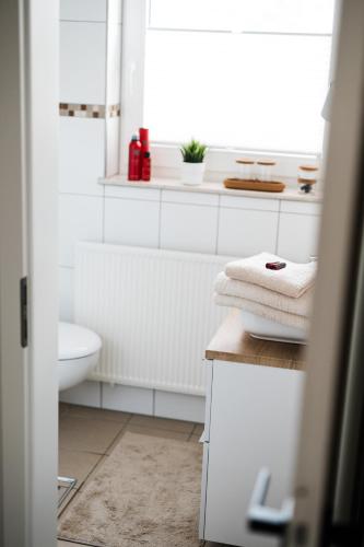 a white bathroom with a toilet and a sink at Ferienwohnung Salinchen in Bad Rothenfelde