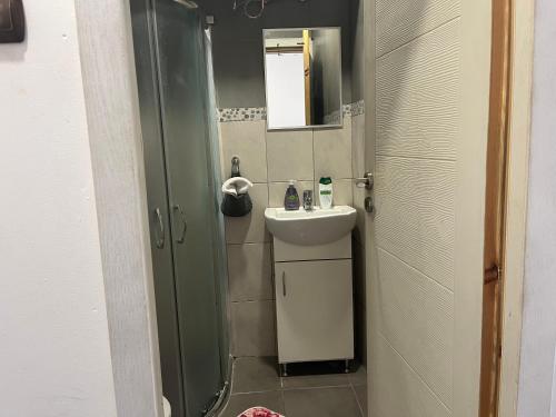 małą łazienkę z umywalką i lustrem. w obiekcie Vel House w Płowdiwie