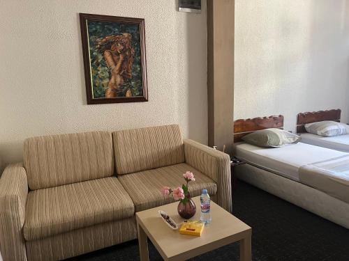a hotel room with a couch and a bed at Vel House in Plovdiv