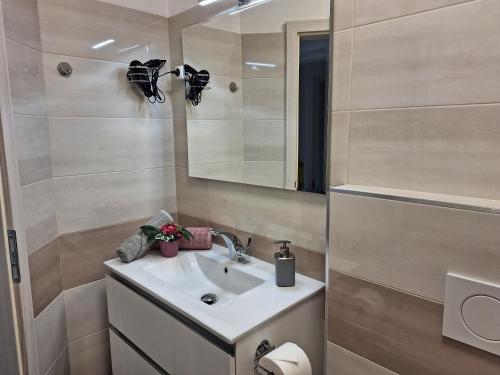 La salle de bains est pourvue d'un lavabo et d'un miroir. dans l'établissement Val&Sol Apartments, à Sečovlje
