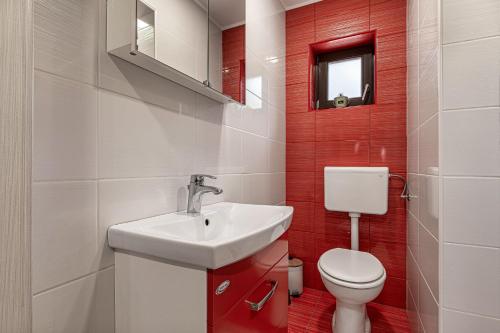 La salle de bains est pourvue d'un lavabo blanc et de toilettes. dans l'établissement Vineyard Cottage Lan On The Hill - Happy Rentals, à Semič