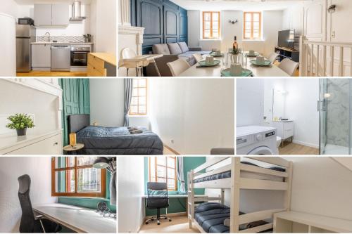 un collage de photos d'une cuisine et d'un salon dans l'établissement Le Petit Pirou # Cosy # Halte Auvergne, à Thiers