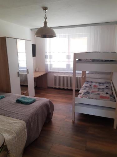 - une chambre avec des lits superposés et une grande fenêtre dans l'établissement Apartmán u Lidušky, à Břeclav