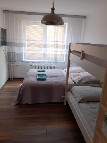 een slaapkamer met 2 stapelbedden en een raam bij Apartmán u Lidušky in Břeclav