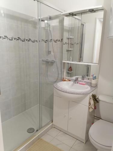 une salle de bain avec une douche, un lavabo et des toilettes dans l'établissement Balcon sur la Méditerranée St Aygulf centre, 4 couchages, à Fréjus
