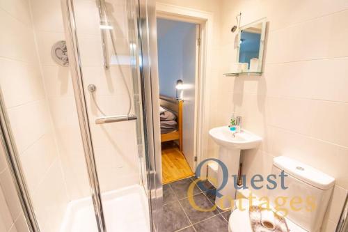 a bathroom with a shower and a toilet and a sink at The Waves - Camber Sands - East Sussex in Camber