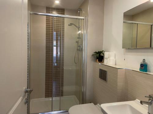MAIDENHEAD Stylish and modern 2 bedroom apartment في ميدينهيد: حمام مع دش ومرحاض ومغسلة