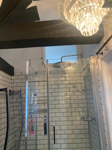 a bathroom with a shower and chandelier at 2 City Centre Apartments - for larger families in Salisbury