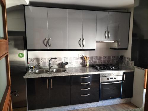 a kitchen with white cabinets and a sink and a stove at LA POSAINA in Serradilla