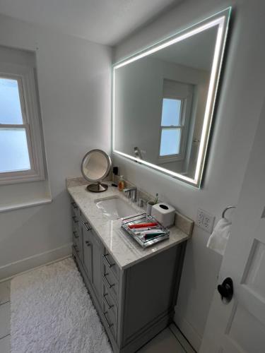 a bathroom with a sink and a mirror at Spacious 5 Bed 2 Bath near Syracuse University and Downtown Syracuse With Lots of Amenities and Free Parking in Syracuse