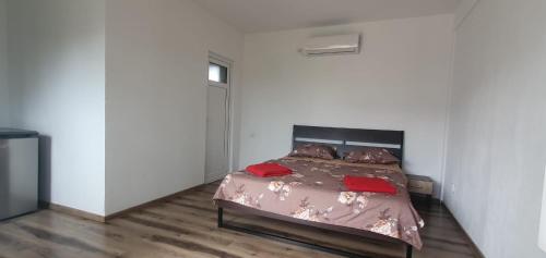 a bedroom with a bed with red pillows at Vila Mara in Costinesti