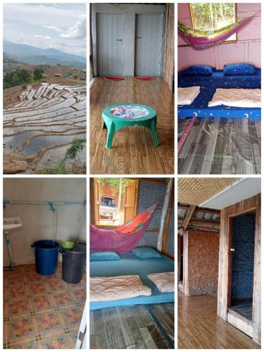 a collage of four pictures with a hammock and a room at บ้านพักน้องนํ้าพุโฮมสเตย์ in Ban Yang Mae Uam