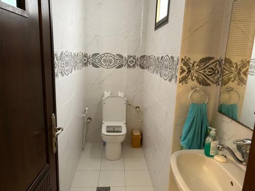 a small bathroom with a toilet and a sink at See view rooftop apartment in Gaza