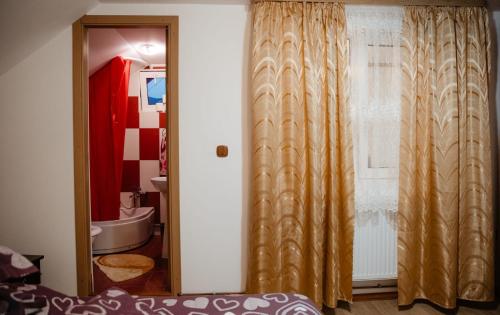 e bagno con servizi igienici e tenda per la doccia. di Casa Mihaela a Câmpulung Moldovenesc