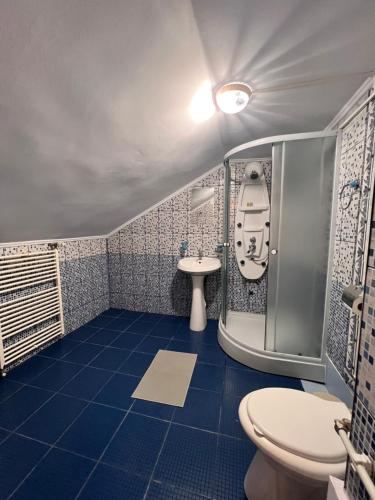 uma casa de banho com um chuveiro, um WC e um lavatório. em Hypnotic Villa Pitesti em Piteşti