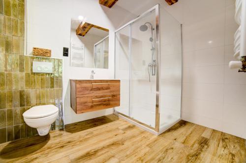 uma casa de banho com um WC e um chuveiro em Lawendowy Staw em Cisna
