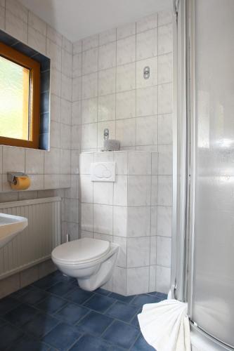a white bathroom with a toilet and a shower at Alpenecho in Neustift im Stubaital