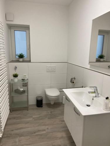 a white bathroom with a toilet and a sink at Pension / Ferienwohnung Allebrodt in Lennestadt