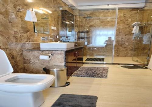 a bathroom with a toilet and a sink and a shower at Amaira Resort & Farms - Mirik, West Bengal in Mirik