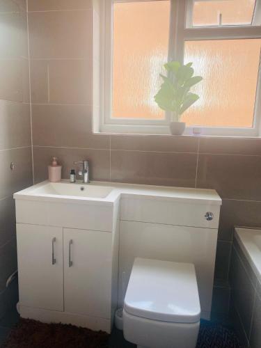 a bathroom with a toilet and a sink and a window at Private Double Room available in Hampshire in Liphook