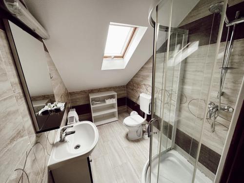 ein Badezimmer mit Dusche, Waschbecken und Toilette in der Unterkunft Cazare Vicoveancaa in Vicovu de Jos
