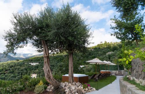 two trees in a garden with a table and umbrella at Gargiulo Resort in Sant'Agnello